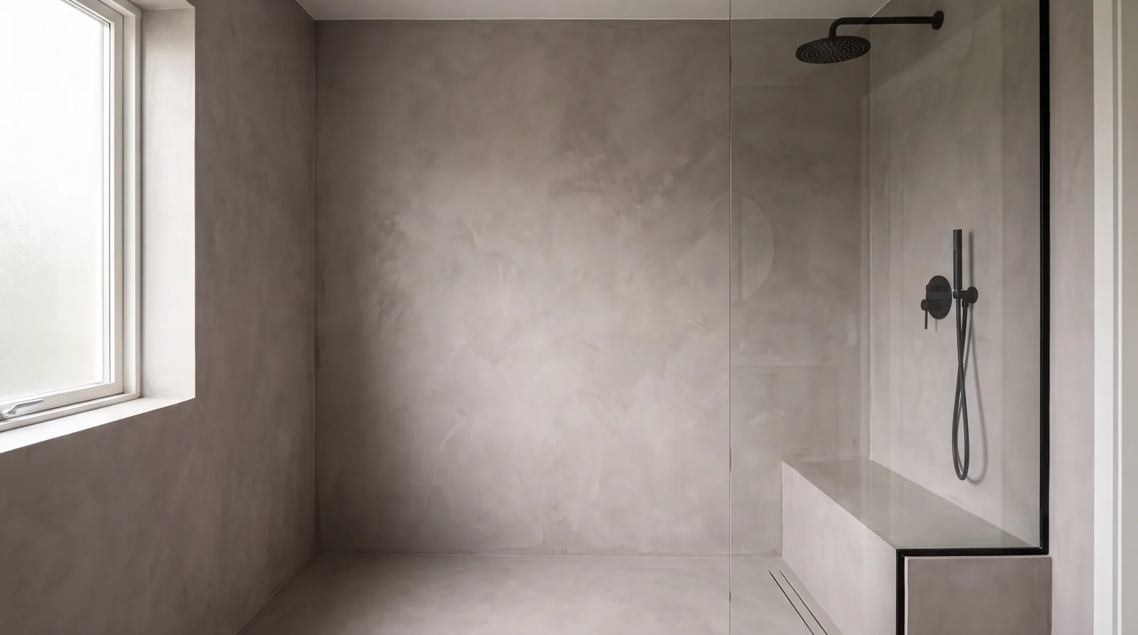 Badkamer in warmgrijze microcement, met een naadloos doorlopende wand en vloer zonder voegen