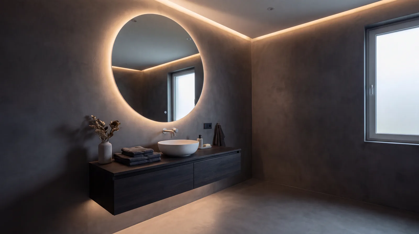 Donkere badkamer met antracietkleurig microcement en een verlichte ronde spiegel