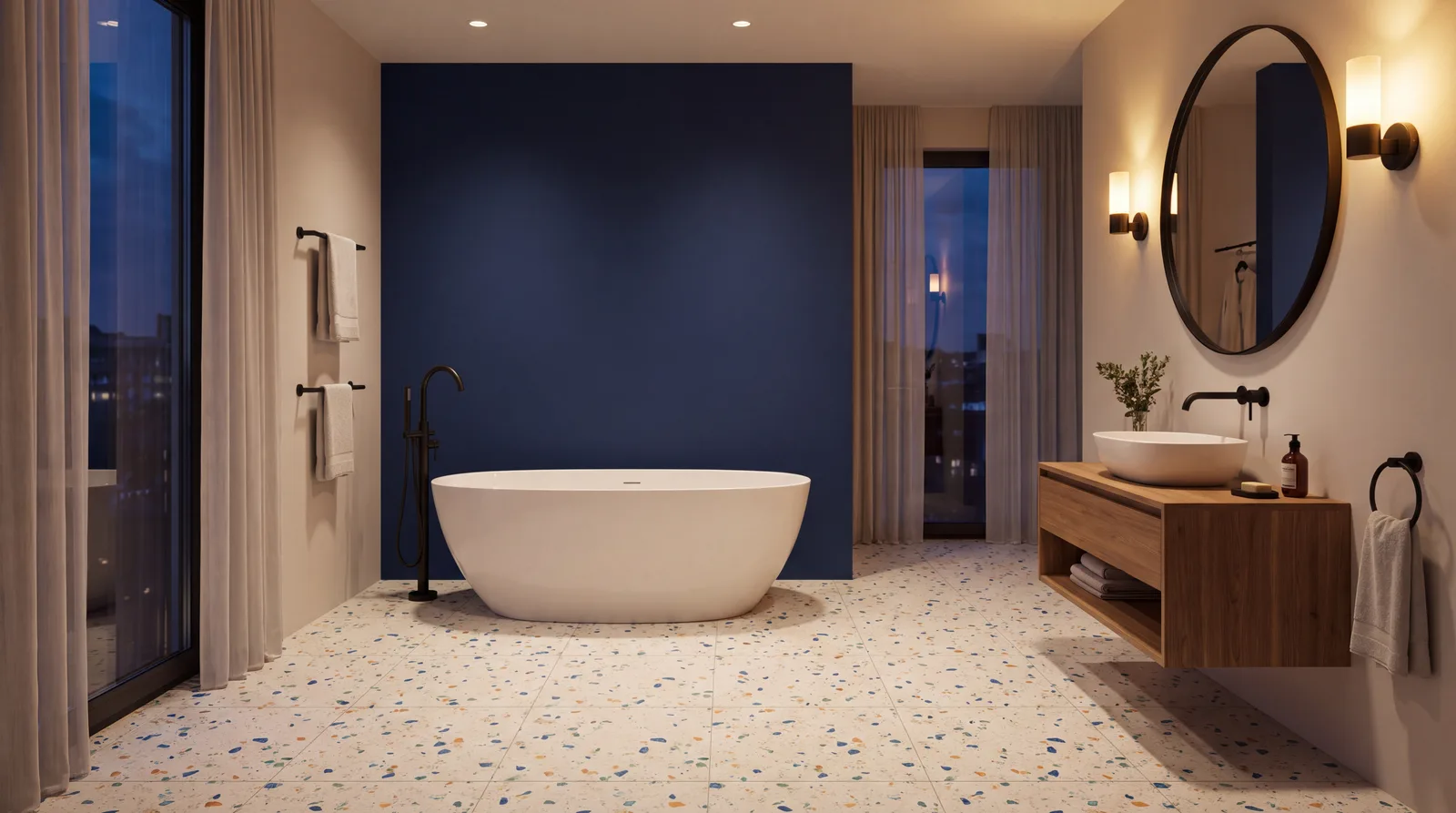 Badkamer met een diepblauwe wand, een terrazzo vloer en een wit vrijstaand bad