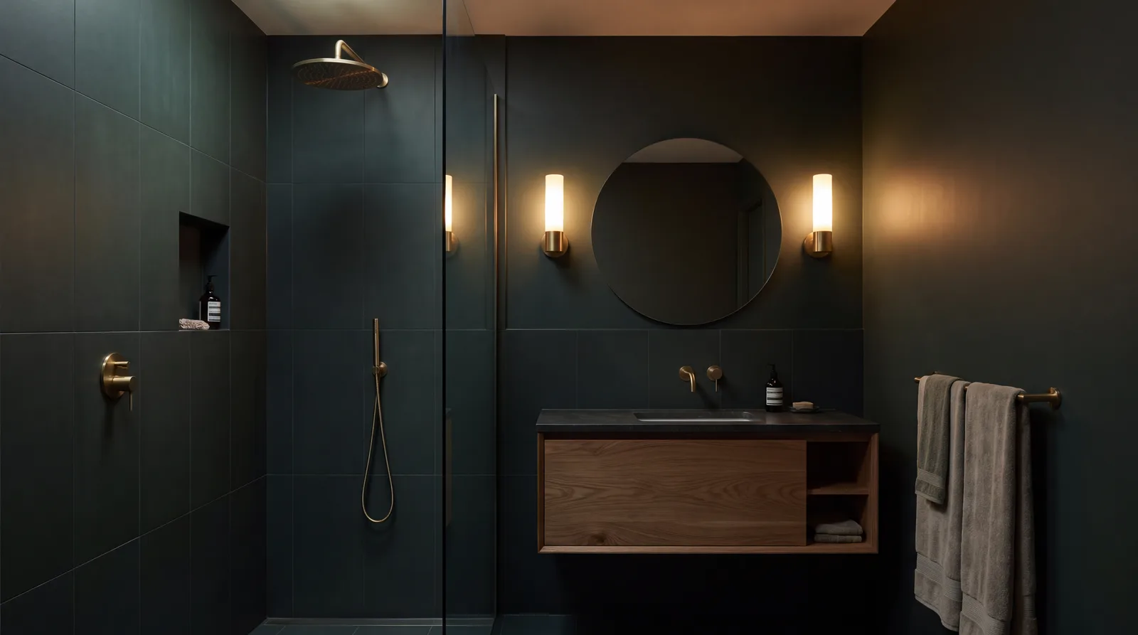 Donkere badkamer met donkergroene wandtegels, messing kranen en warme wandlampen naast de spiegel