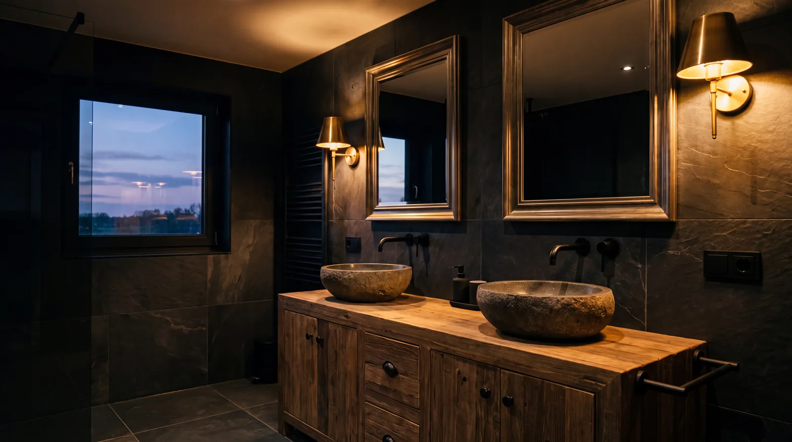 Donkere badkamer met twee stenen opzetkommen op een houten meubel en een wandlamp naast elke spiegel