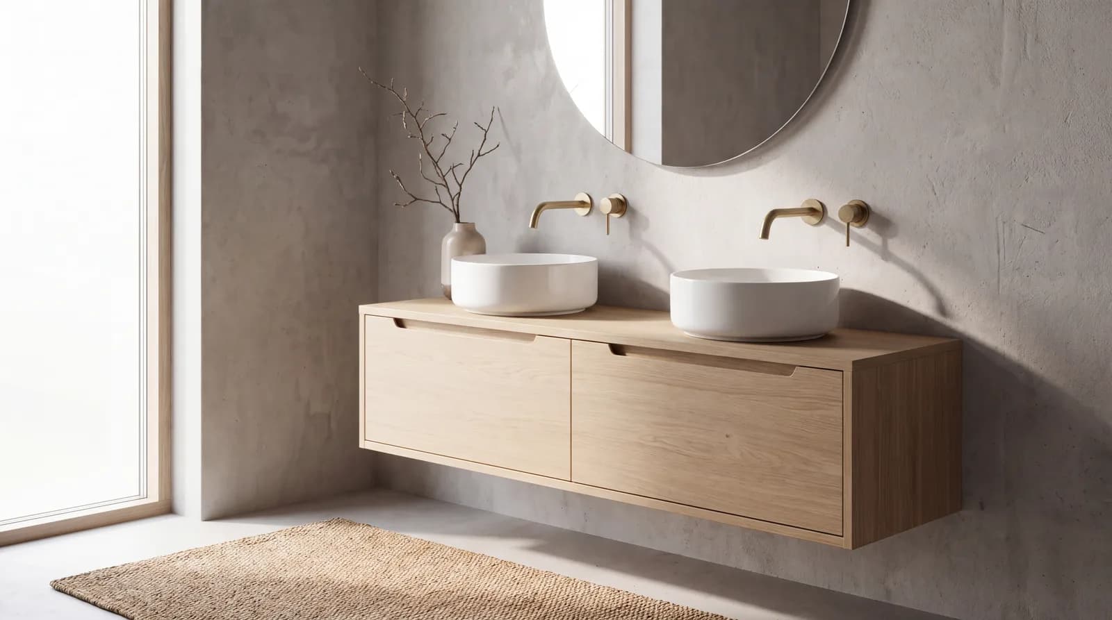 Wit eiken badkamermeubel van 120 cm met twee ronde opzetkommen en messing kranen