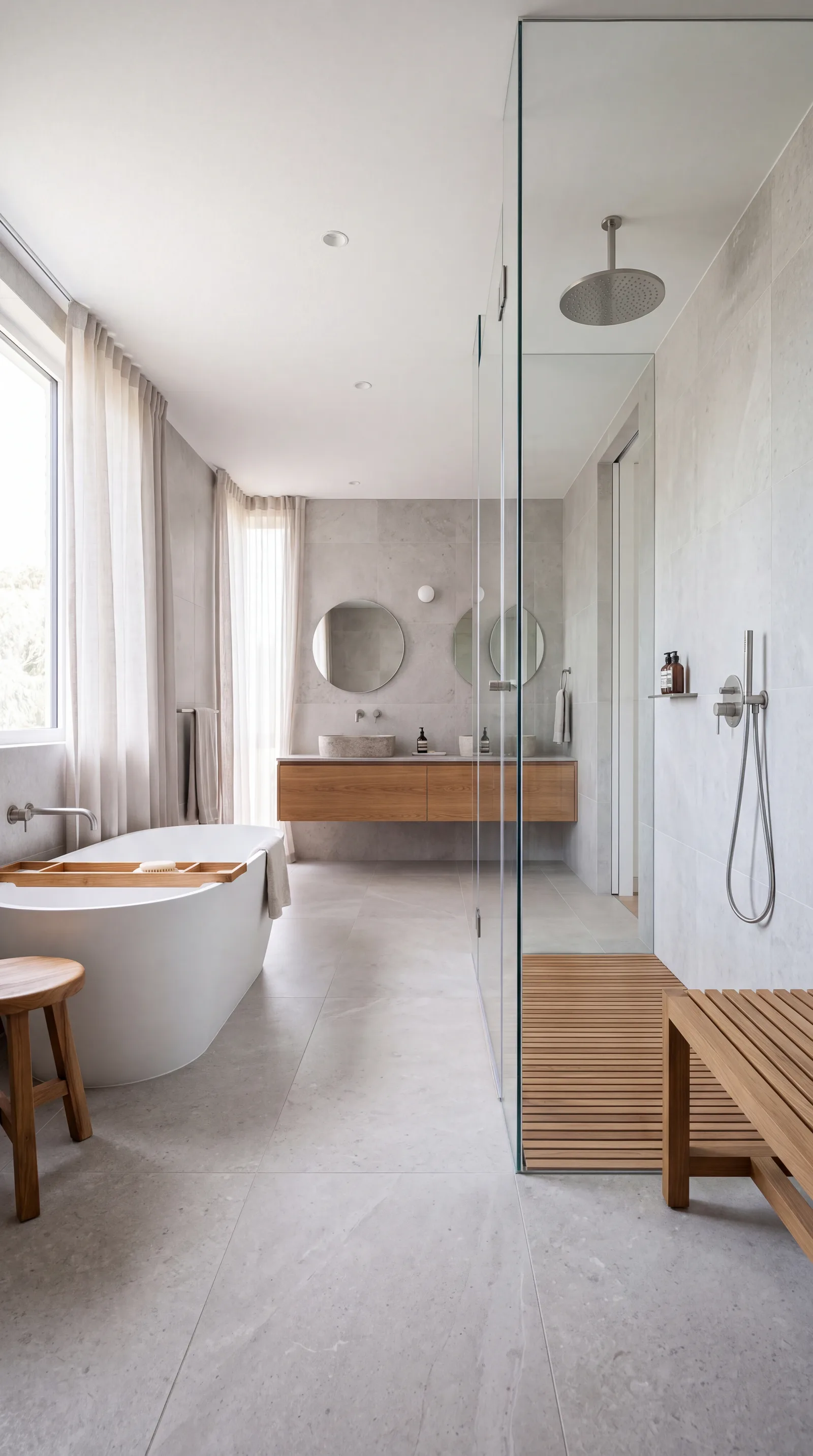 Vrijstaand bad naast een glazen inloopdouche met regendouche, met twee ronde spiegels boven een houten wastafelmeubel op de achtergrond