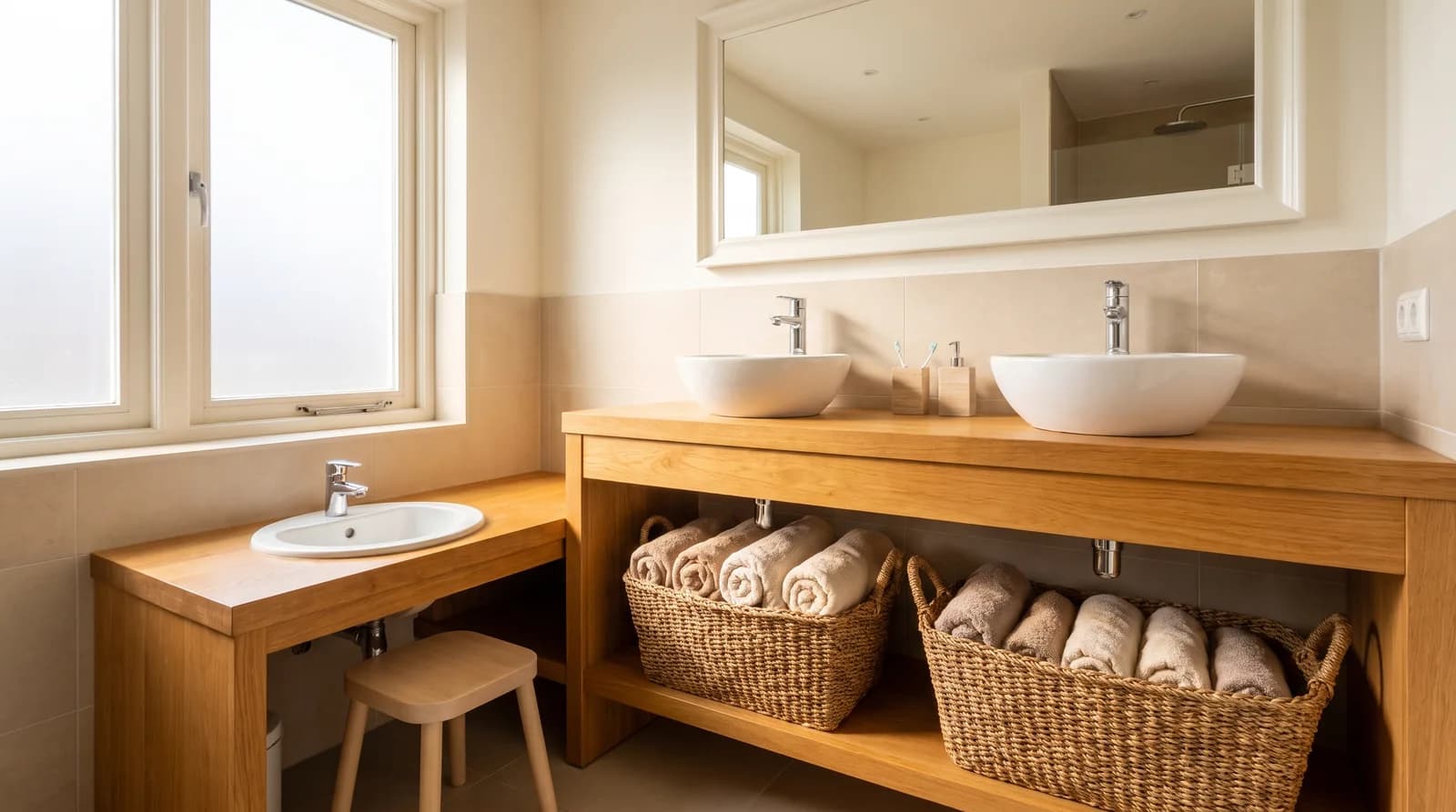 Houten badkamermeubel met dubbele wastafel en een verlaagd blad met kinderwastafel en krukje ernaast