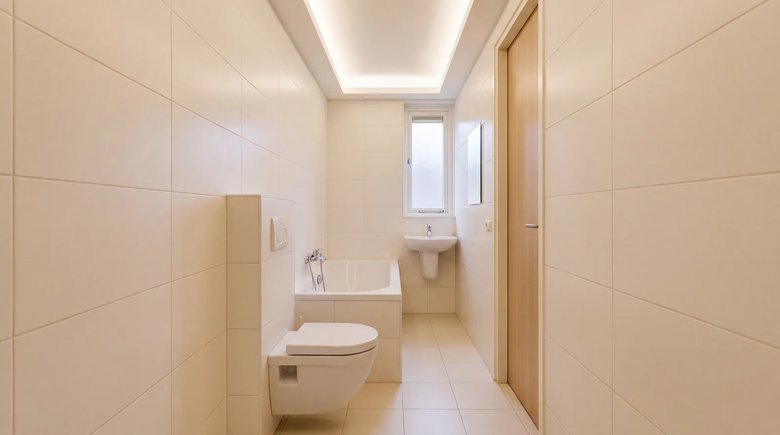 Bad, toilet en wastafel op een rij in één smalle badkamer