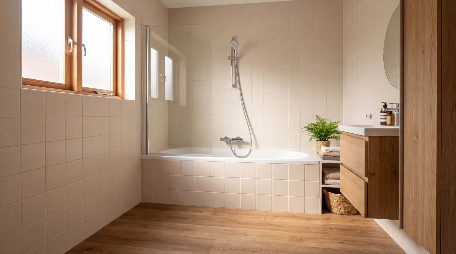 Kort inbouwbad met een handdouche erboven als douchebad-combi in een compacte badkamer
