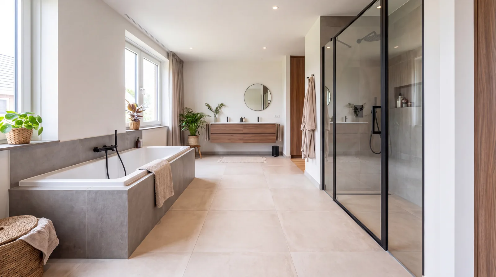 Ter vergelijking: een inbouwbad met een aparte douchecabine vraagt een ruime badkamer