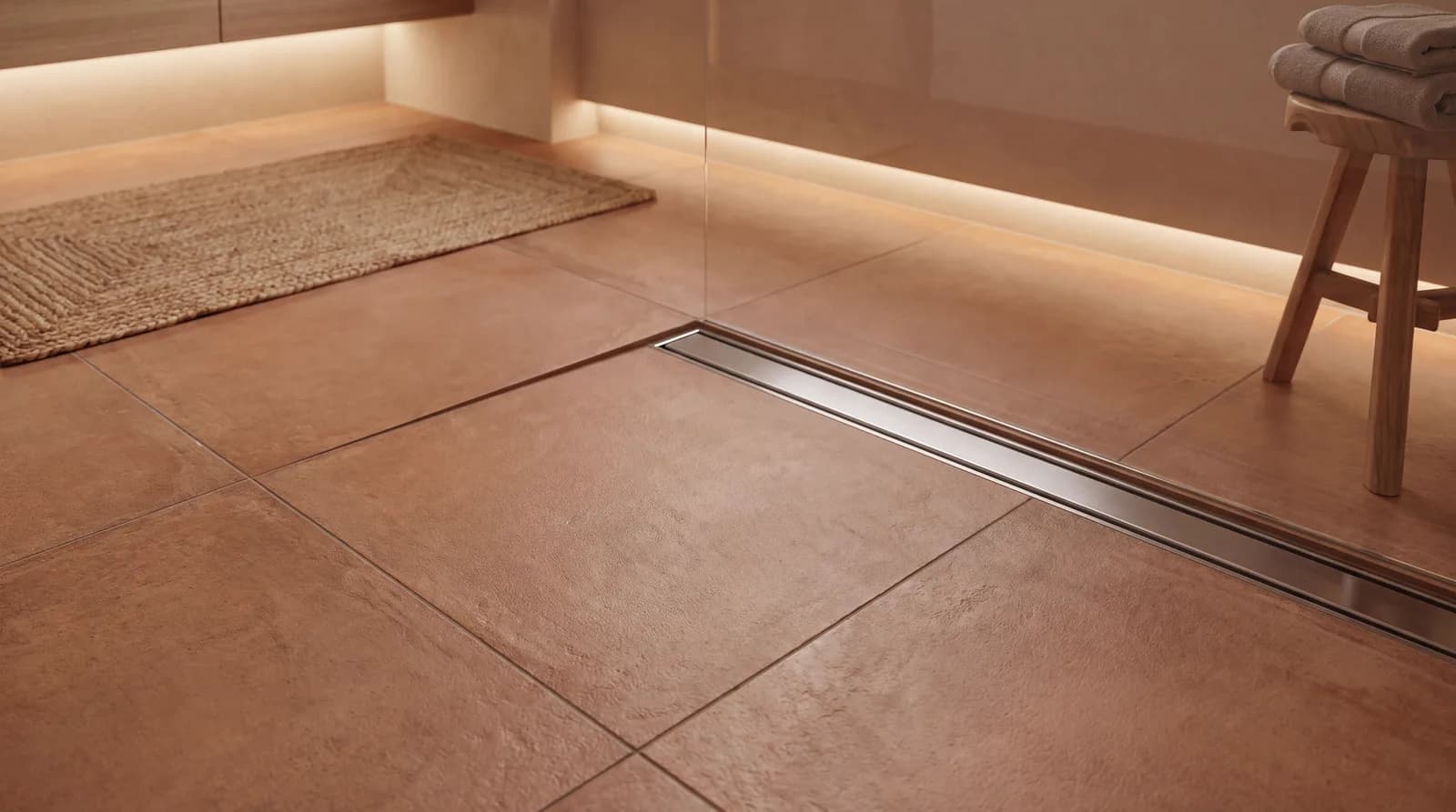 Antislip tegelvloer in een warme terracotta kleur die drempelloos doorloopt tot in de douche