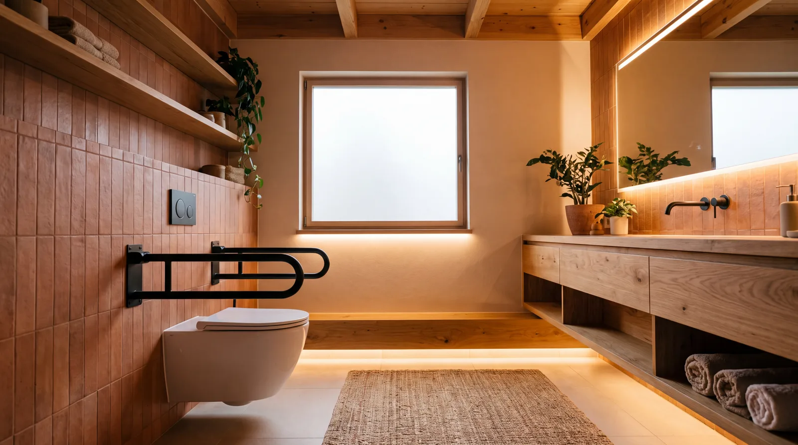 Hangend toilet met een stijlvolle matzwarte opklapbeugel aan de betegelde wand in een warme badkamer