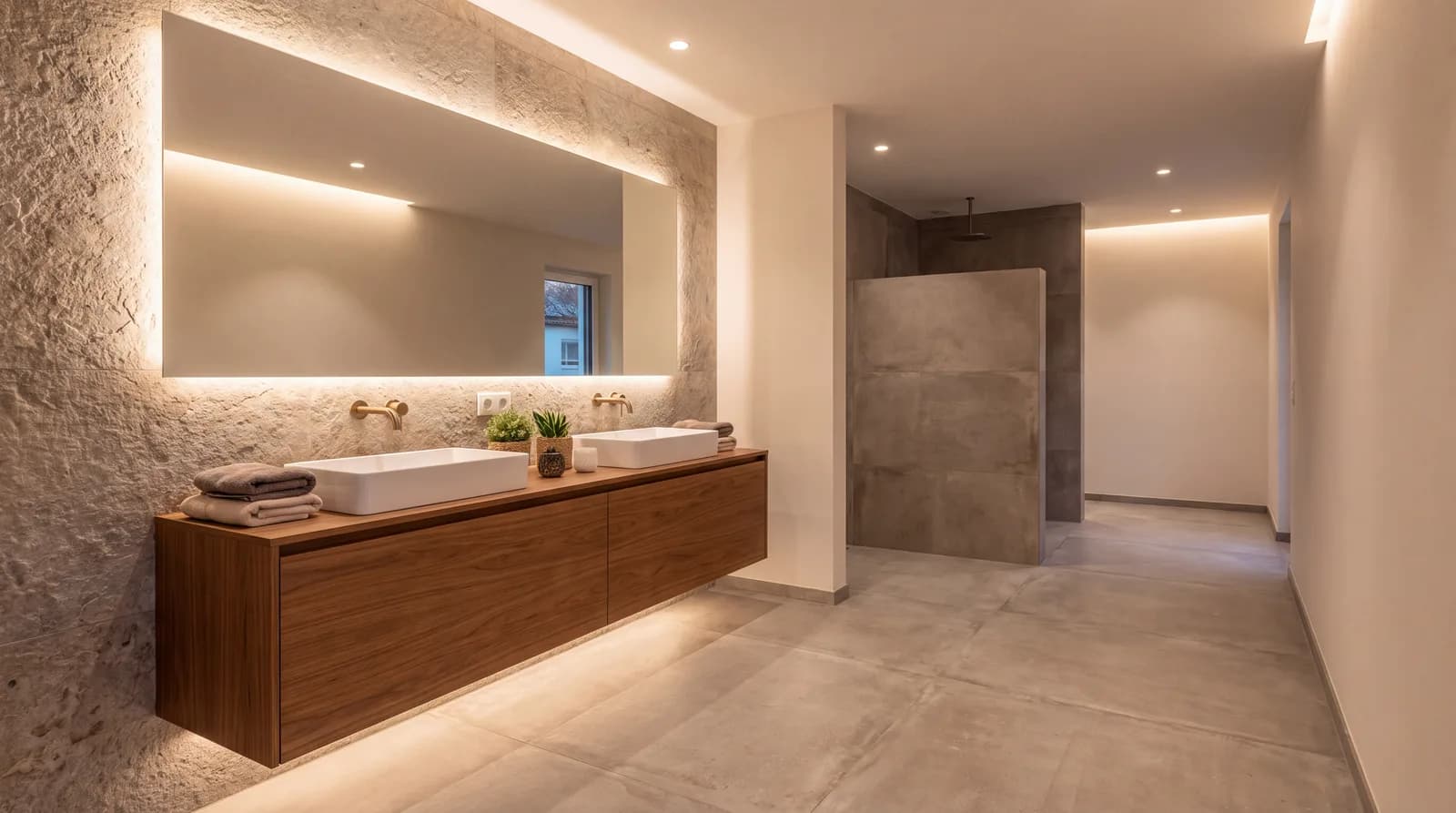 Lange zwevende wastafelbank naast een brede open doorgang naar de douche