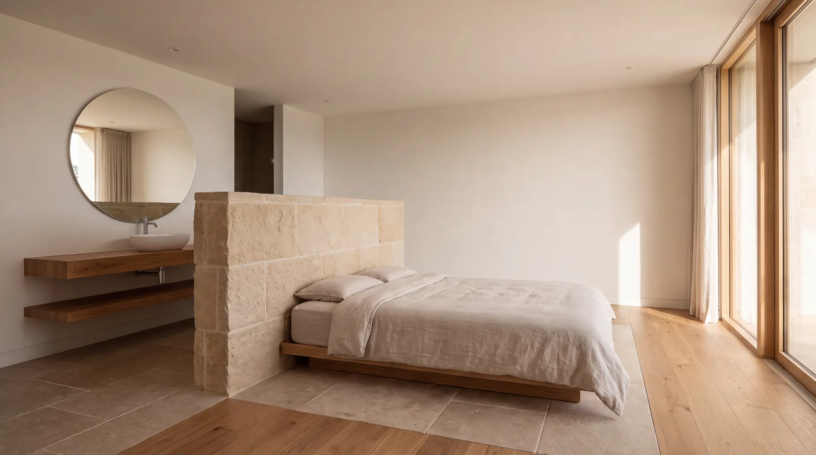 Halfhoge stenen wand tussen het bed en de wastafel, met een ronde spiegel erboven