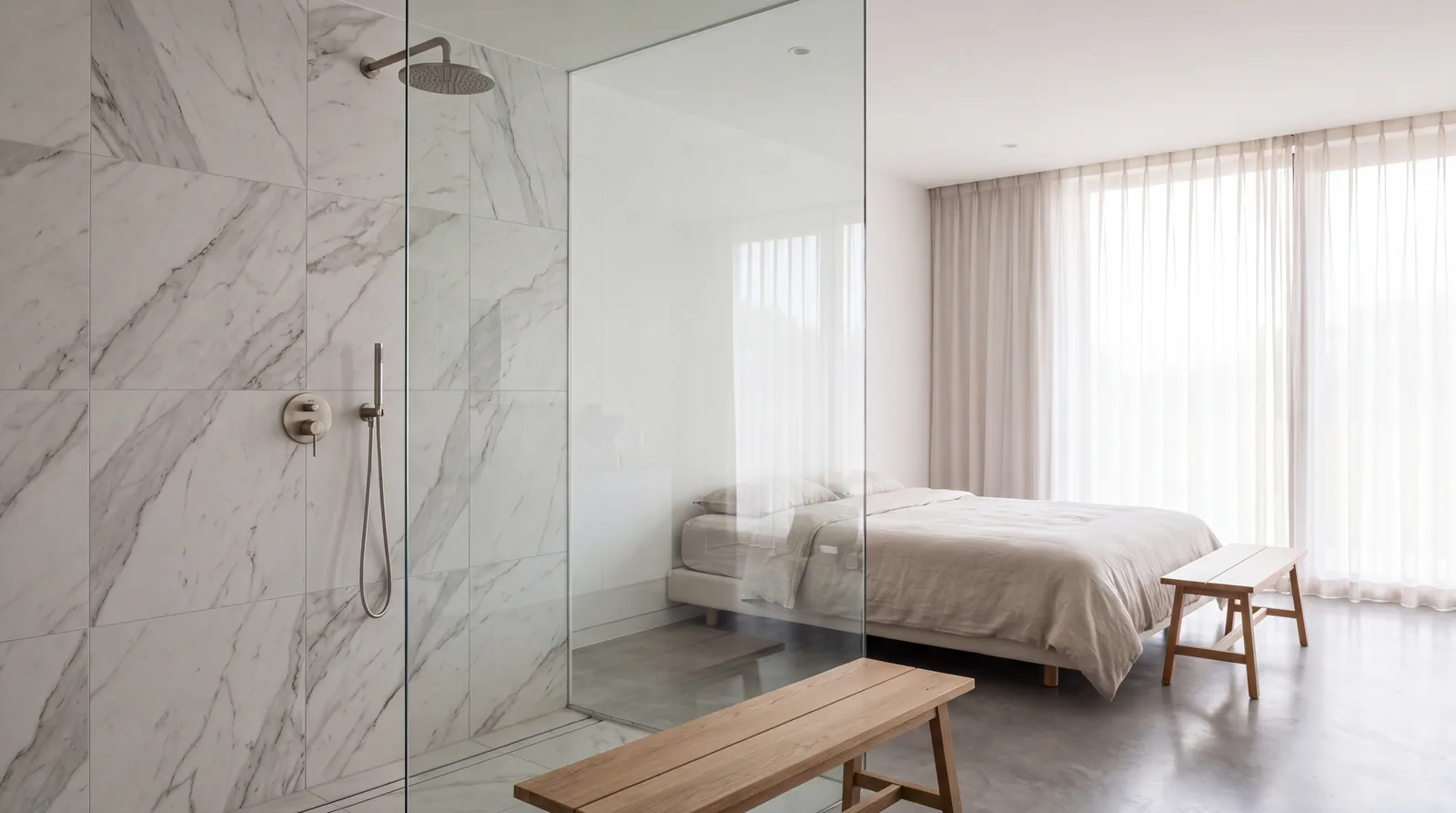Inloopdouche achter een glazen wand met marmerlook tegels, met de slaapkamer en het bed erachter zichtbaar