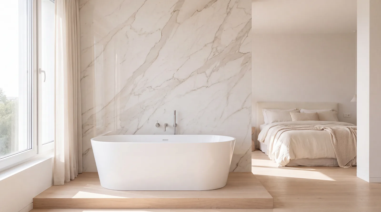 Vrijstaand ligbad op een platform tegen een marmerlook wand, met de slaapkamer direct ernaast