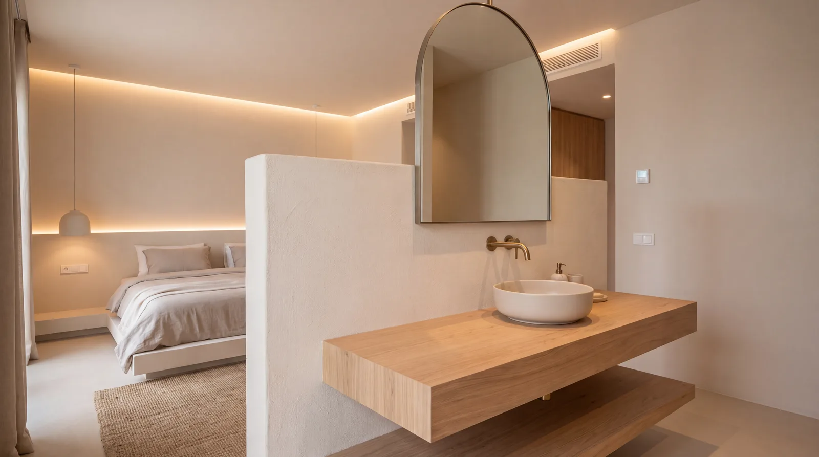Zwevend wastafelblad met een boogspiegel tegen een halfhoge wand, met de slaapkamer op de achtergrond