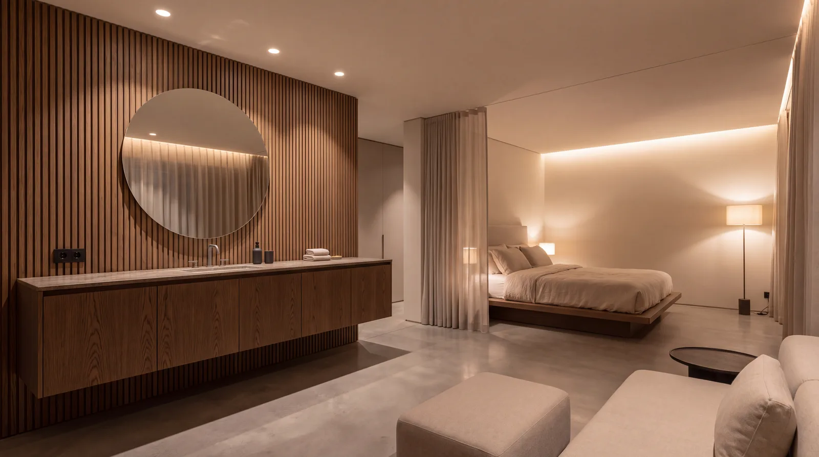 Zwevend wastafelmeubel tegen een houten wandbekleding, in een open suite naast het bed