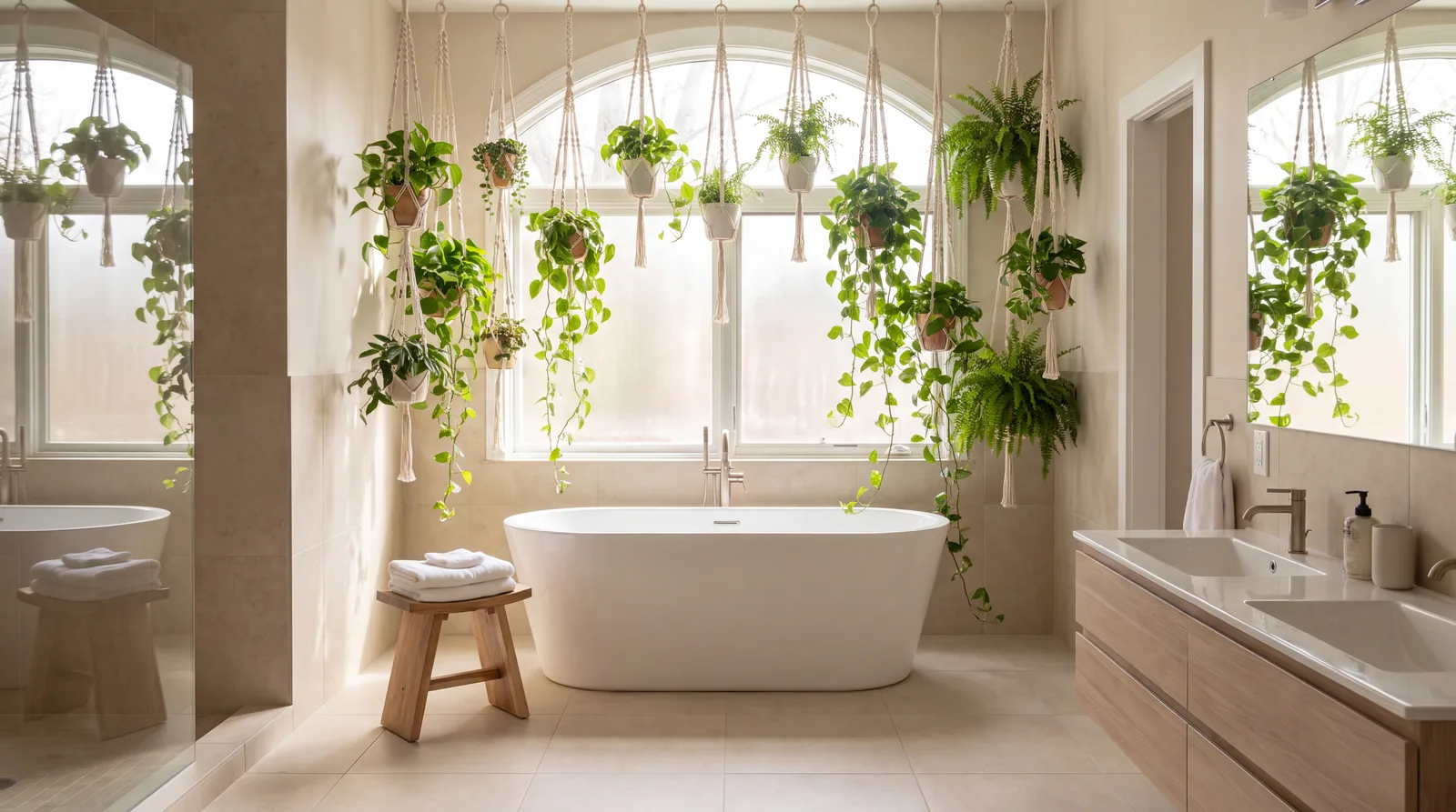 Meerdere hangplanten in macramé-hangers voor een groot raam bij een vrijstaand bad
