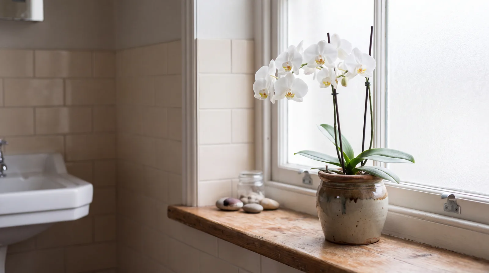 Bloeiende orchidee in een aardewerken pot op een houten vensterbank in de badkamer