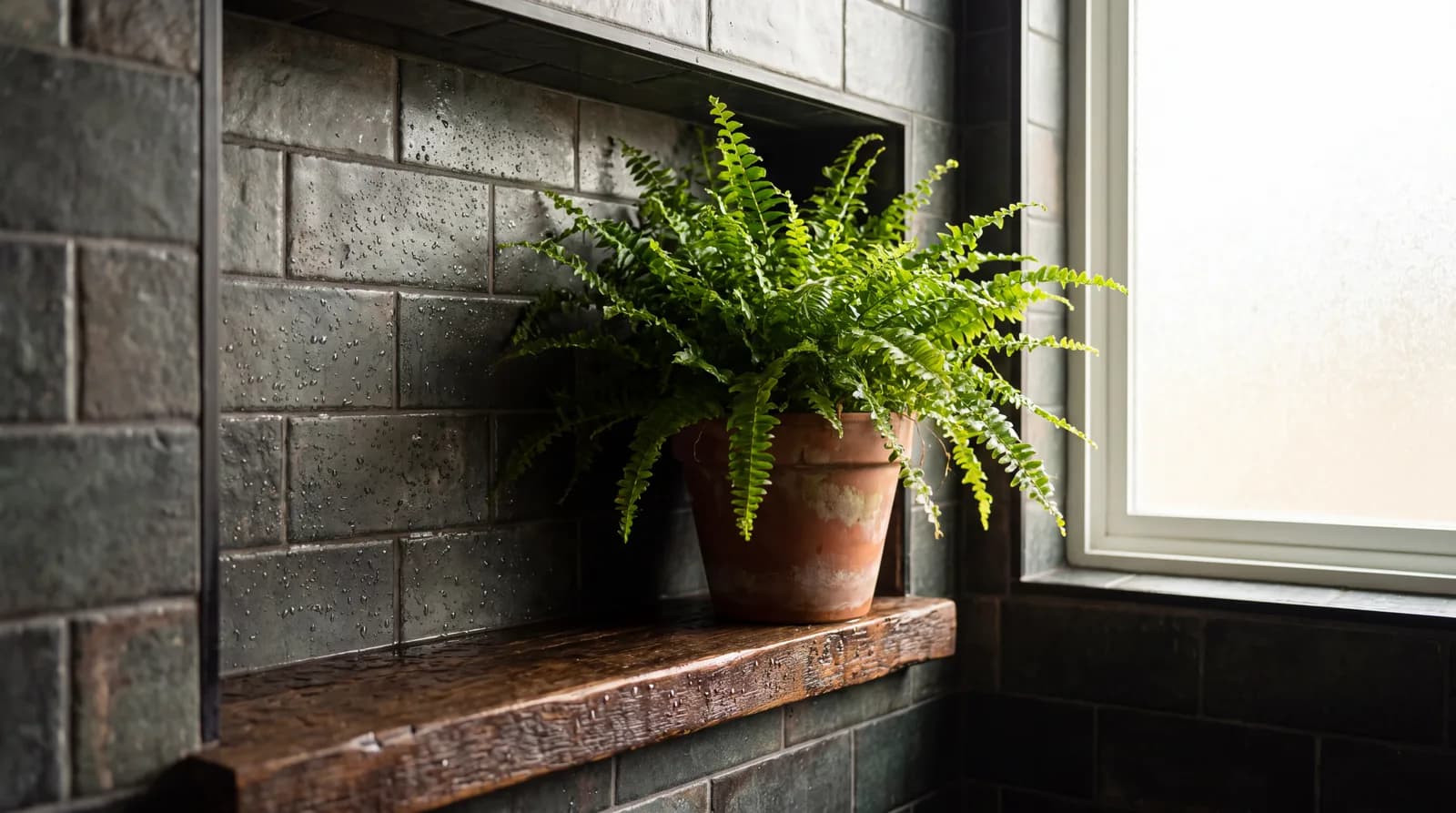 Varen in een terracotta pot op een houten planchet in een donkere douchenis