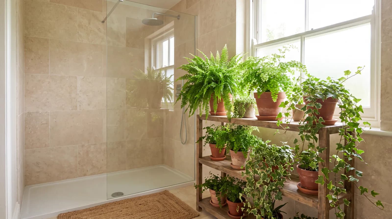 Varens en klimop in terracotta potten op een houten planchet naast een glazen douche