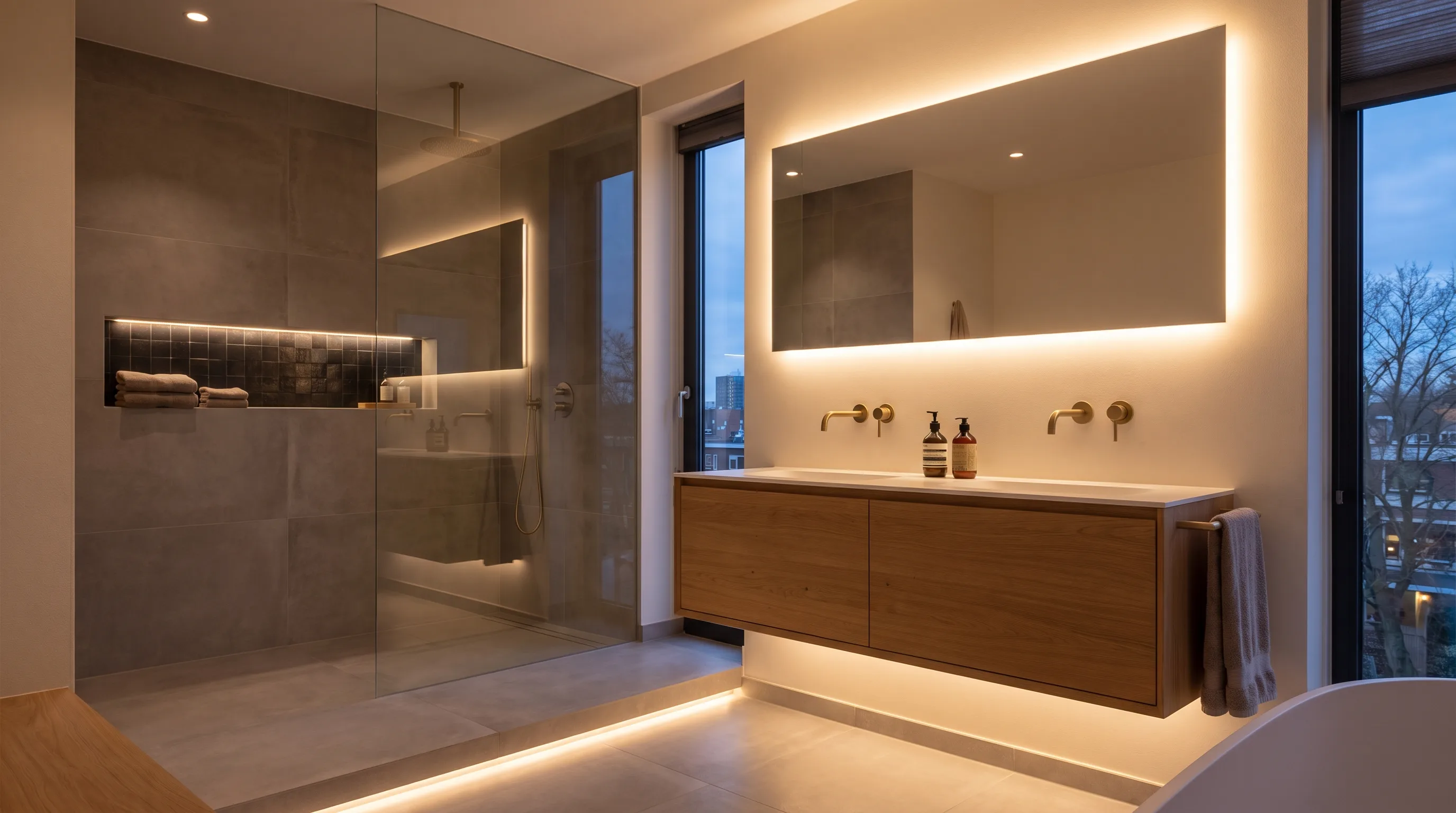 Smart badkamer in de avond met verlichte spiegel en indirecte ledverlichting