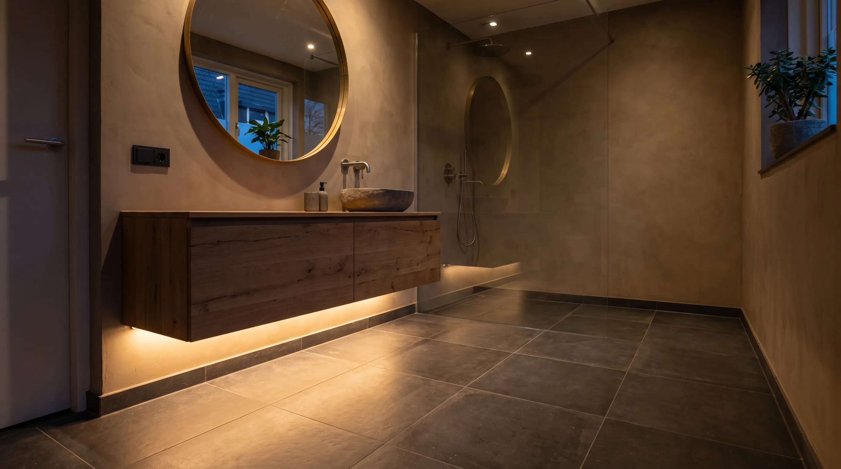 AI-impressie van een badkamer in de avond met een warme ledstrip onder een zwevend eiken badmeubel met een stenen waskom, een ronde spiegel met messing rand en een inloopdouche met grote donkere vloertegels